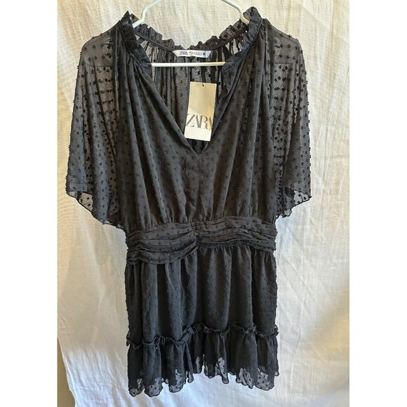 NEW ZARA POLKA DOT MINI DRESS VNeck Ruffle Short Sleeve Sheer Tulle Sz XL Trendy - Picture 3 of 7